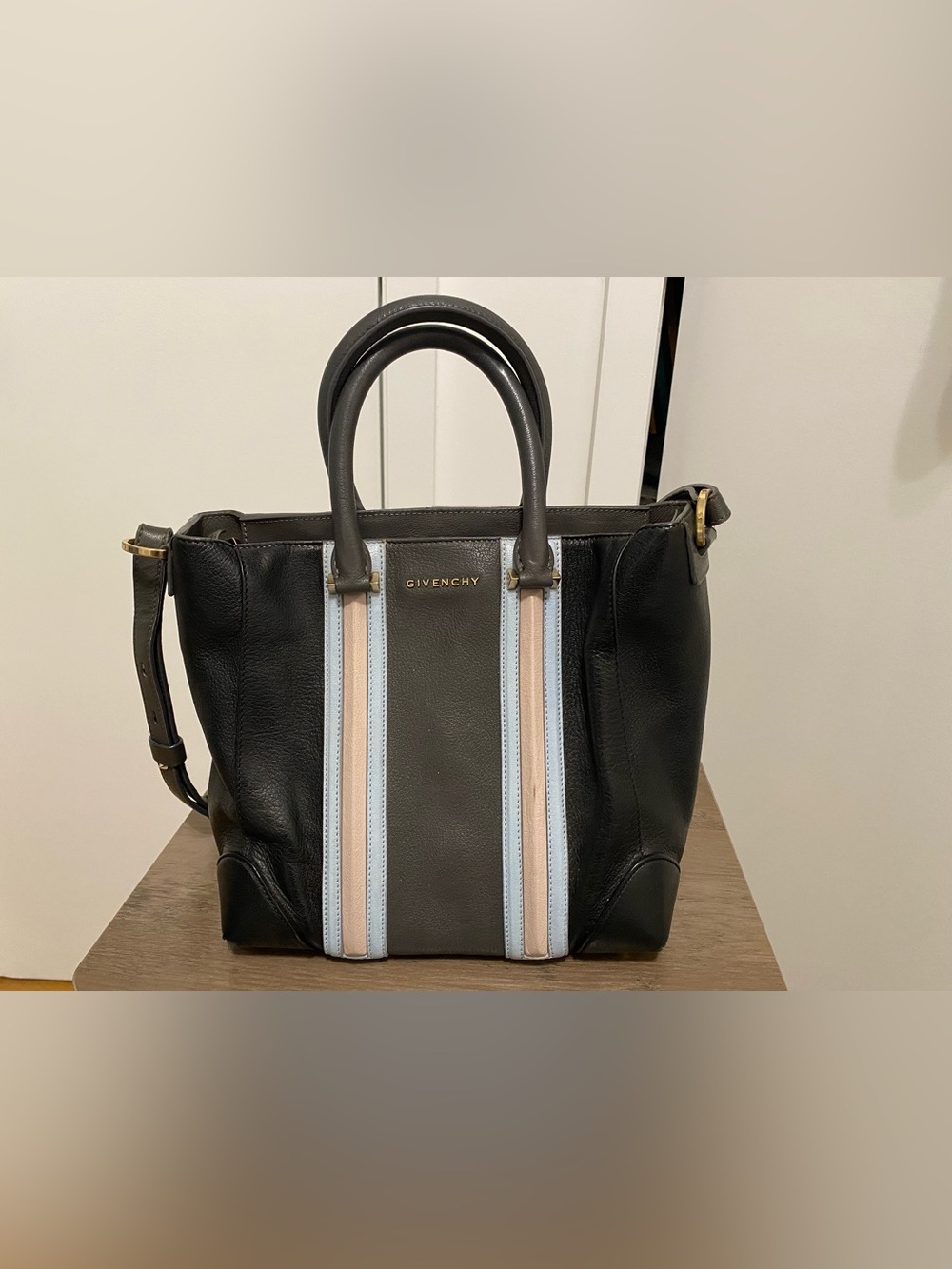 Givenchy Black Leather Tote with Gray, Light Blue and Beige Stripes